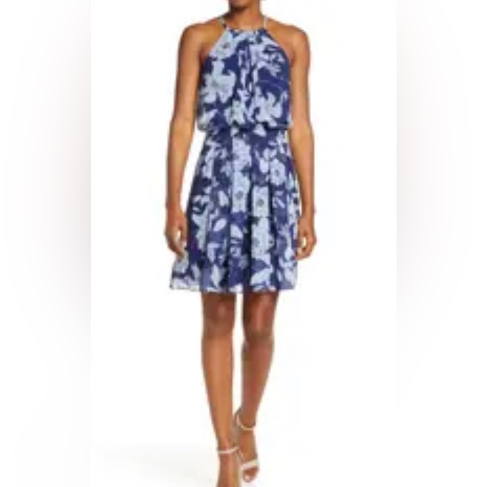 Eliza J NWT Floral Print Halter Dress size 14 blue